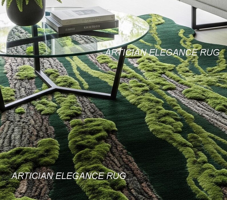 May include: A green and brown area rug with a tree bark and moss design. The rug has a dark green background with raised, textured areas in shades of green and brown. The text "ARTICIAN ELEGANCE RUG" is printed on the rug.