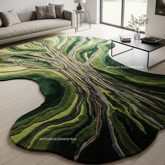 Nature-Inspired Green Moss Rug | Forest Path Hand-Tufted Rug | Nature-Inspired Tree Design | Moss & Tree Rug for Living Room Dining Room