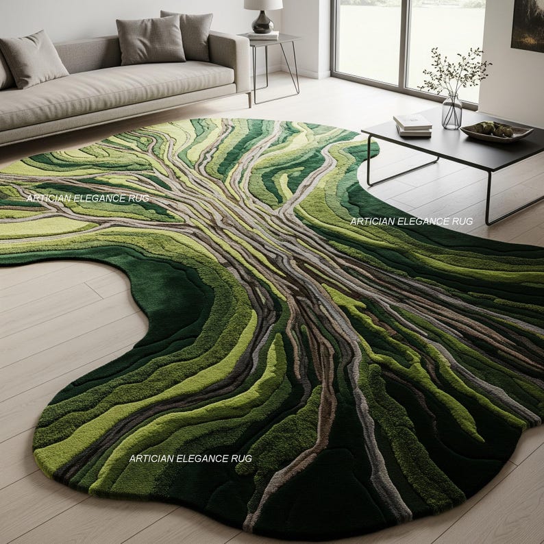 Pu&ograve; includere: Un grande tappeto verde e marrone con un design ad albero. Il tappeto presenta diverse sfumature di verde e marrone, creando un effetto strutturato e tridimensionale. Il tappeto &egrave; posizionato su un pavimento in legno chiaro. Il testo "ARTICIAN ELEGANCE RUG" &egrave; visibile.