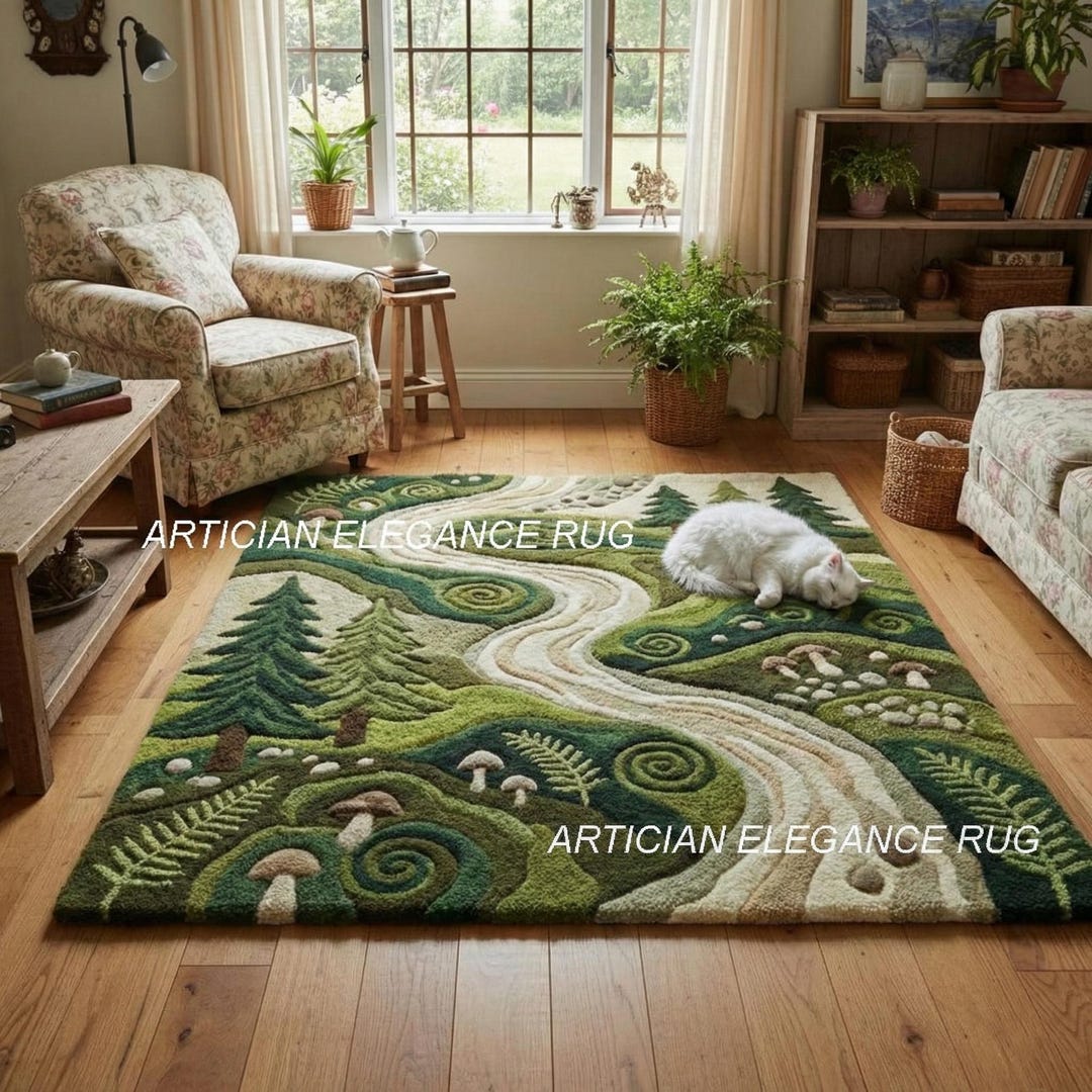 Foresty Rug Forest Pathway Textured Area Rug | Leaf and Pebble Pattern Tufted Rug ...