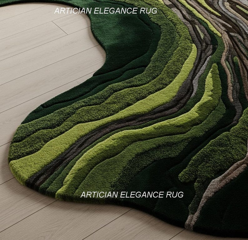 Pu&ograve; includere: Un tappeto verde astratto con un design a strati. Il tappeto presenta varie tonalit&agrave; di verde, dal verde scuro della foresta al verde lime chiaro, creando un motivo strutturato e organico. Il testo "ARTICIAN ELEGANCE RUG" &egrave; visibile. Il tappeto &egrave; posato su un pavimento in legno chiaro.