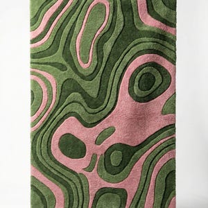 Sculpted Curves Green Blush Tufted Rug | Green Pink Curves Area Rug, Contemporary Organic Pattern Carpet for Living Room Bedroom & Dinning
