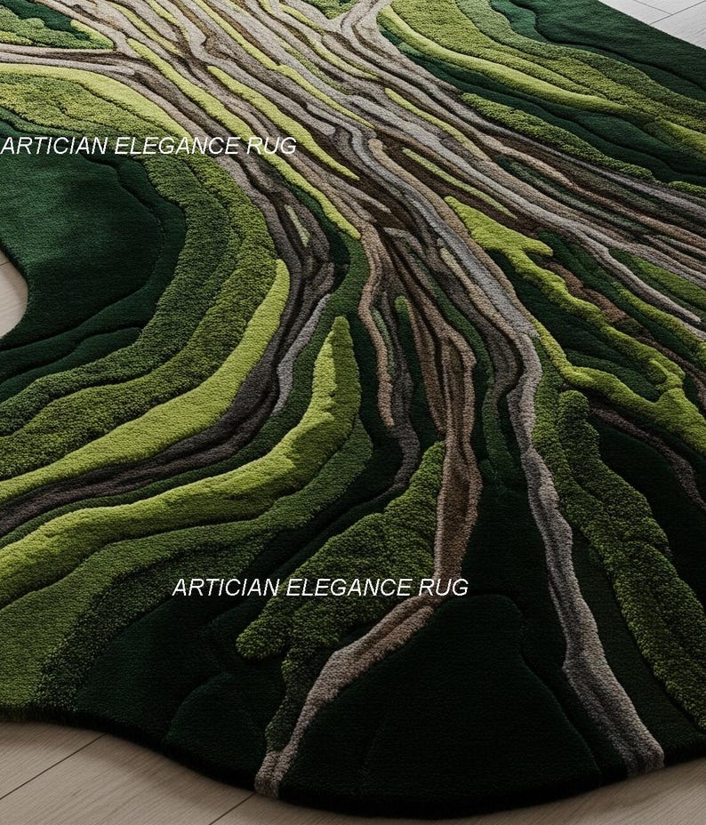 Pu&ograve; includere: Un tappeto verde e marrone con un design a radice di albero. Il tappeto presenta diverse sfumature di verde e marrone, creando un effetto strutturato e tridimensionale. Il testo "ARTICIAN ELEGANCE RUG" &egrave; stampato sul tappeto.
