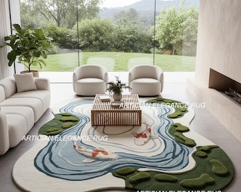 Koi Pond Hand-Tufted Wool Rug | Nature-Inspired Water Pond Rug | Koi Pond Inspired Tufted Carpet, 3D Effect Koi Fish Rug for Living Room