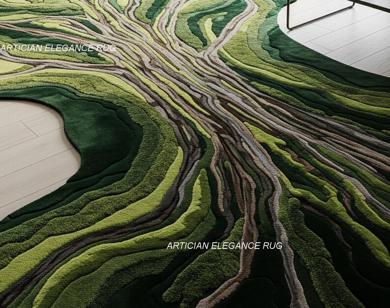 Pu&ograve; includere: Un grande tappeto verde e marrone con un design a radice di albero. Il tappeto presenta diverse sfumature di verde e marrone, creando un effetto strutturato e tridimensionale. Le parole "ARTICIAN ELEGANCE RUG" sono stampate sul tappeto.