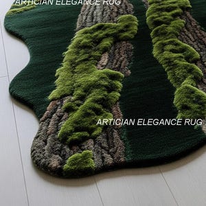 May include: A green rug with a unique design resembling a forest floor. The rug features a dark green base with raised, textured areas in shades of brown and green, mimicking tree trunks and moss. The text "ARTICIAN ELEGANCE RUG" is printed on the rug.