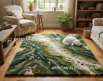 Forest Pathway Textured Area Rug | Leaf and Pebble Pattern Tufted Rug | Nature-Inspired Hand-Tufted Rug, Earthy Green & Ivory Floor Rug