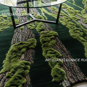 May include: A green area rug with a tree trunk and moss design. The rug has a dark green background with brown and green textured elements. The text "ARTICIAN ELEGANCE RUG" is visible on the rug.