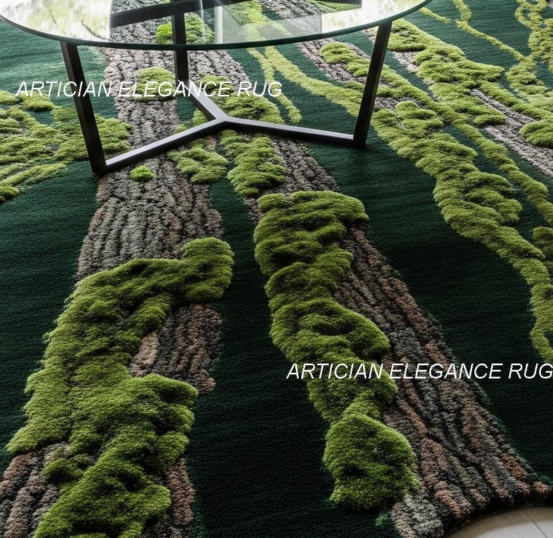 May include: A green area rug with a tree trunk and moss design. The rug has a dark green background with brown and green textured elements. The text "ARTICIAN ELEGANCE RUG" is visible on the rug.