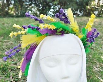 Mardi Gras Crown Garland. Flower and Feather Crown, Garland, Wreath Headpiece. Purple, Yellow, and Green Flower Crown. Feather Crown.