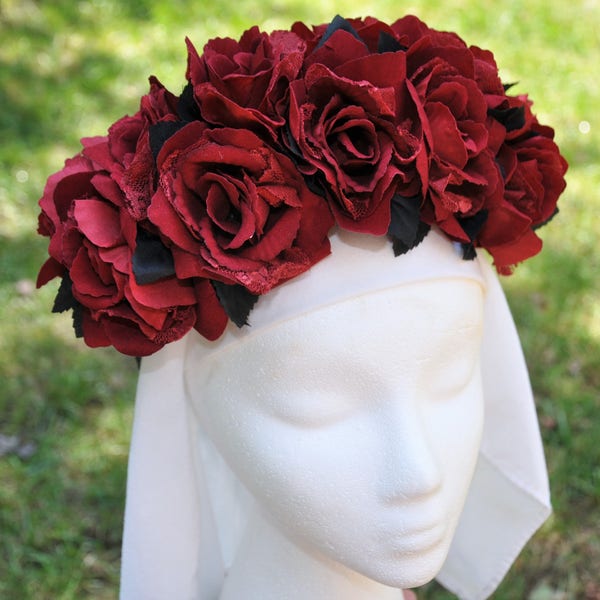 Red Rose Flower Crown. Sugar Skull Flower Crown. Large Rose Crown. Halloween Rose Crown. Red and Black Rose Crown. Frida Crown.