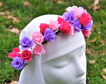 Pink and Purple Flower Crown. Pastel Flower Crown. Purple Rose Crown. Pink Rose Crown Flower Headband. Spring Flower Crown Circlet.