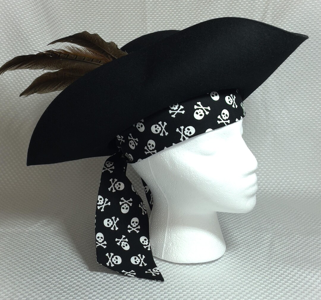 Pirate Hat Adult Black Skull and Crossbones with Attached Red Scarf