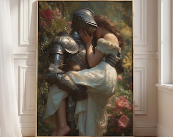 Enchanted Knight Embrace Print, Romantic Medieval Couple Wall Art, Chivalry Aesthetic Decor, Fairytale Soulmates Art, Vintage Style Portrait
