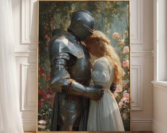 Enchanted Knight Embrace Print, Romantic Medieval Couple Wall Art, Chivalry Aesthetic, Fairytale Soulmates Art, Vintage Knight & Maiden