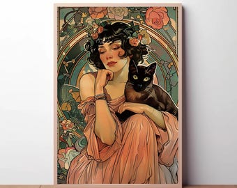 Art Nouveau Print: Woman with Black Cat - Vintage Art Deco Floral Style