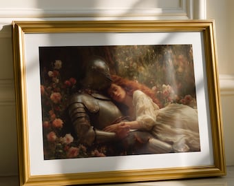 Sleeping Knight and Maiden Print, Romantic Rose Garden Wall Art, Dreamy Medieval Fantasy Decor, Victorian Gothic Romance, Vintage Knight