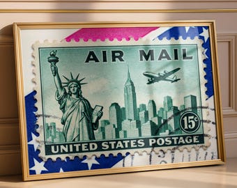 Vintage Air Mail Stamp Poster – Statue of Liberty, NYC Skyline Art Print