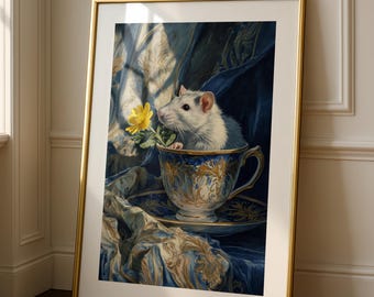 Whimsical Rat Teacup Art Print – Cosy Animal Poster