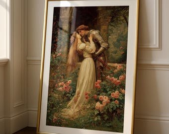 Knight and Maiden Embrace Print - Romantic Medieval Art, Lovers