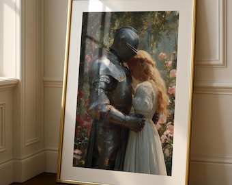 Enchanted Knight Embrace Print, Romantic Medieval Couple Wall Art, Chivalry Aesthetic Decor, Fairytale Soulmates Art, Vintage Style Portrait