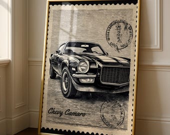 Chevy Camaro Stamp Art Print – Vintage Muscle Car Poster, Retro Decor