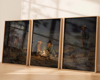 Western Cowboy Campfire Prints - Vintage Frontier Wall Art Set