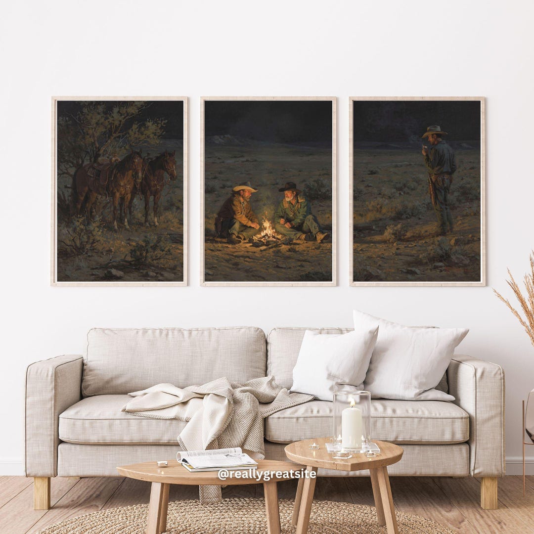 Western Cowboy Wall Art Set of 3 - Night Campfire & Desert Horses ...