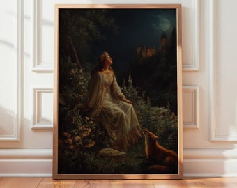 Puede incluir: Impresión enmarcada de una pintura romántica. Una mujer con un vestido blanco y una corona está sentada en un bosque, mirando hacia la luna. Un zorro la mira. Un castillo está al fondo. El marco es de color marrón claro.