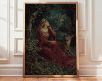 Puede incluir: Impresión artística enmarcada que representa a una mujer con un vestido rojo y una corona dorada, sentada en un bosque con un ciervo. Un castillo y una luna creciente son visibles en el fondo. Estética vintage y romántica.