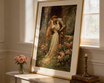 Medieval Knight and Maiden Embrace Print - Romantic Renaissance Wall Art - Pre-Raphaelite Couple Painting - Floral Garden Illustration