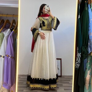 Robe Afghane Traditionnelle En Bleu Brodée Or - Longueur Asymétrique - Fait Main - Taille Unique Femme