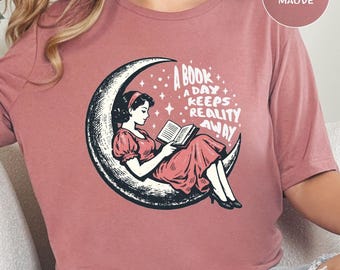 Retro Book Lover Moon Graphic Reading Shirt - Bella Canvas Tee
