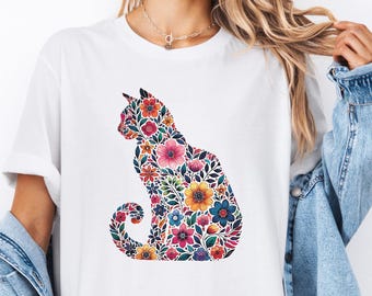 Floral Cat Bella Canvas T-Shirt, Colorful Botanical Graphic Tee