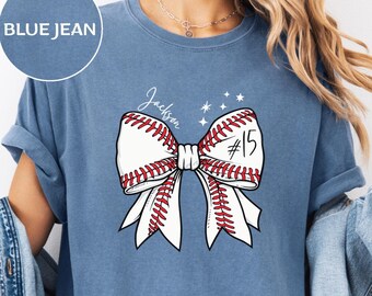 Personalized Baseball Bow Shirt, Custom Name and Number Tee, Comfort Colors & Bella Canvas