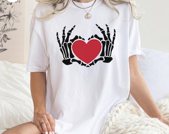 Gothic Skeleton Love Hands Tee | Heart Skull Graphic T-Shirt | Unique Valentine's Day Gift