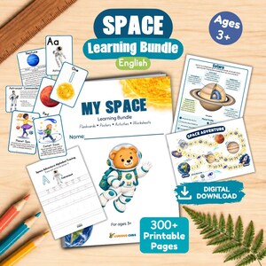 May include: A space learning bundle for children featuring a central workbook with a bear in a spacesuit, surrounded by educational flashcards, a Saturn diagram, a space adventure board game, and alphabet tracing worksheets, all labeled for ages 3+.