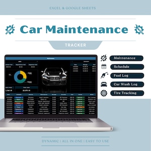May include: A laptop displaying a car maintenance tracker. The screen shows a car graphic, data tables, and a pie chart. The words "Car Maintenance Tracker" are at the top. Additional icons and text for maintenance, schedule, fuel log, car wash log, and tire tracking are on the right.