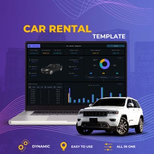 Op de afbeelding: Een laptop toont een "Car Rental Template" interface met financiële gegevens en auto-illustraties. Een witte SUV staat op de voorgrond. De woorden "DYNAMIC", "EASY TO USE" en "ALL IN ONE" worden hieronder weergegeven.