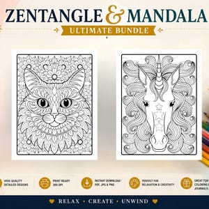 May include: A digital coloring bundle titled ZENTANGLE & MANDALA ULTIMATE BUNDLE featuring two black and white line art illustrations. One page shows a cat face with intricate floral patterns, and the other shows a unicorn with a star-patterned forehead.