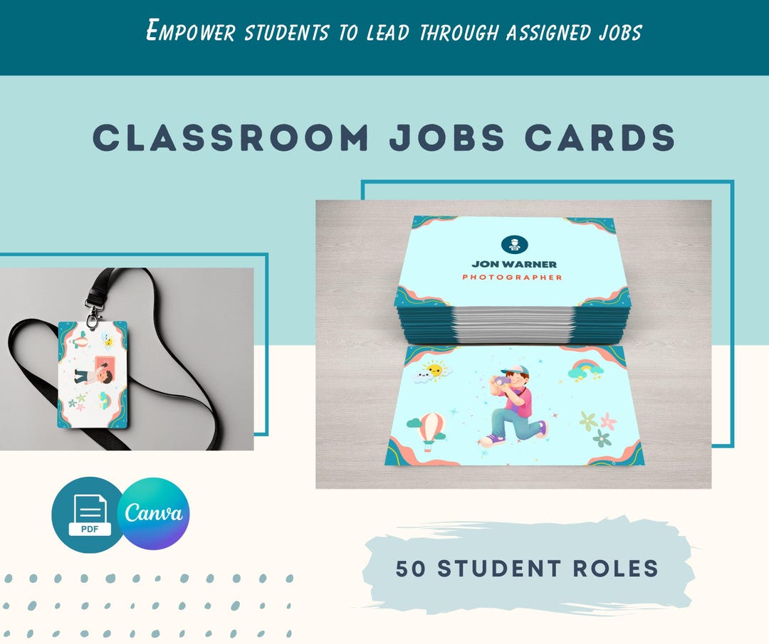 Classroom Job Cards | 50 Student Roles, Editable Canva Template (PDF ...