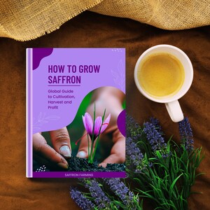 May include: A book titled "How to Grow Saffron" with a purple cover, featuring a saffron flower and the text "Global Guide to Cultivation, Harvest and Profit." A white mug of coffee and lavender sprigs are also present.