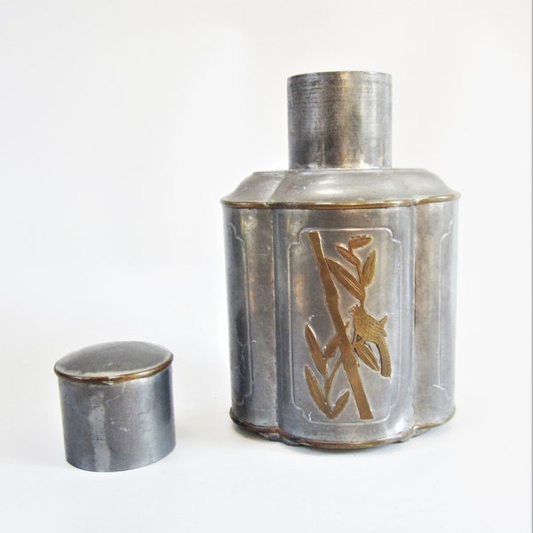 Antique Chinese Pewter Tea Caddy Hong Kong 1950s Deco Brass Accents BAMBOO and BIRDS