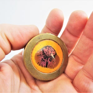 Vintage Trinket Box BRASS Pill Box Snuff Box ORANGE PURPLE Enamel Insert