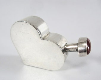 Vintage  Sterling Silver Scent Bottle MODERN HEART Perfume Bottle with JASPER Stone Lid