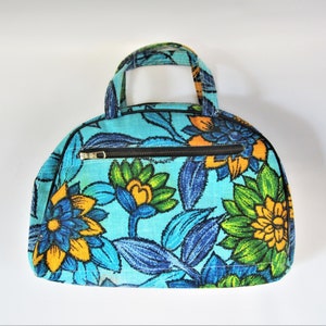 Vintage Mini Tote TURQUOISE FLOWERS Canvas Makeup Case 1960s