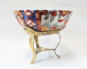 Vintage Japanese Chinese Imari Porcelain Serving Bowl FRUIT Bowl with Brass Stand Foyer Centerpiece