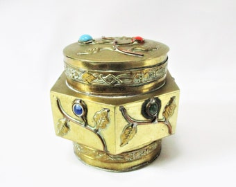 Antique Tea Caddy Tobacco Jar Opium Jar HEXAGON Shape Brass with Botanical Jeweled Decoration