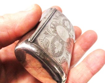 Antique Sterling Vesta Case BOTANICAL Metal Wallet Hand-Decorated CURVED