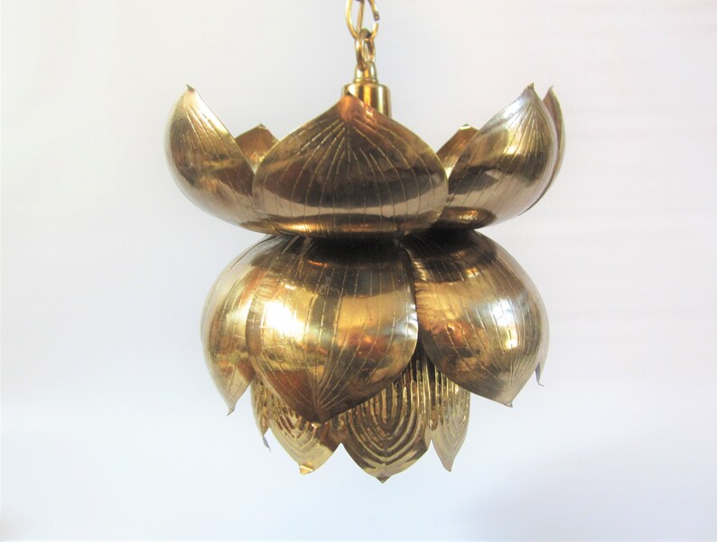 Vintage Brass Lotus Pendant Lamp Hanging Light Fixture 1970s